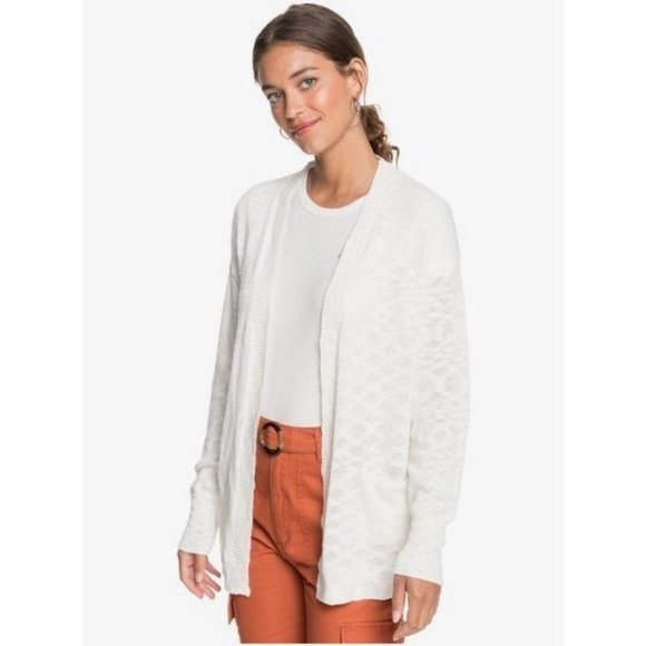 Lou & Grey Sweaters - Lou & Grey White Linen Blend Crochet Open Front Cardigan with Pockets Size S